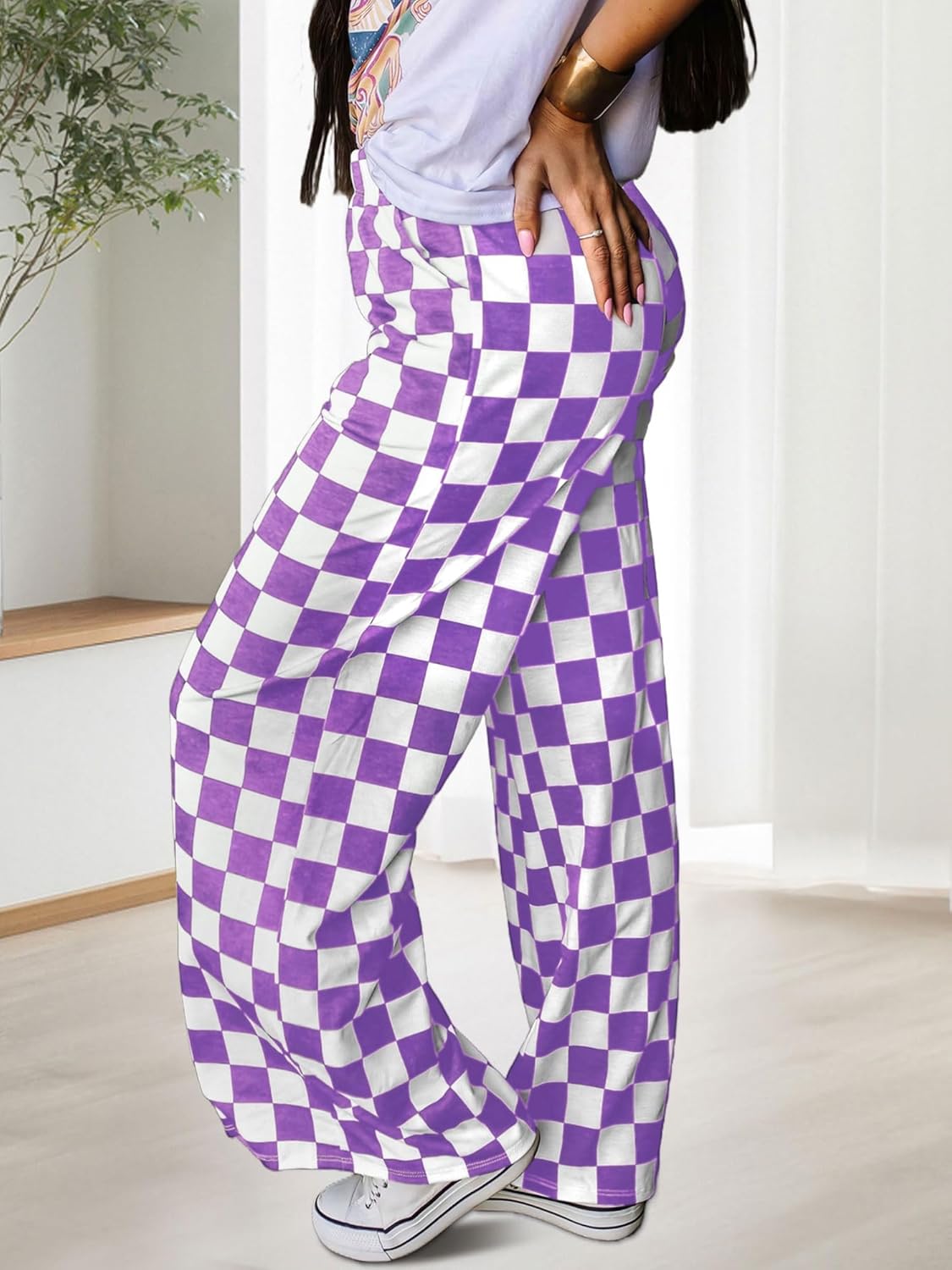 Womens Checkered Pants Y2K Pajama Pants Elastic Waist Wide Leg Lounge Pants Comfy Pj Bottoms with Pockets Loungewear - Image 3