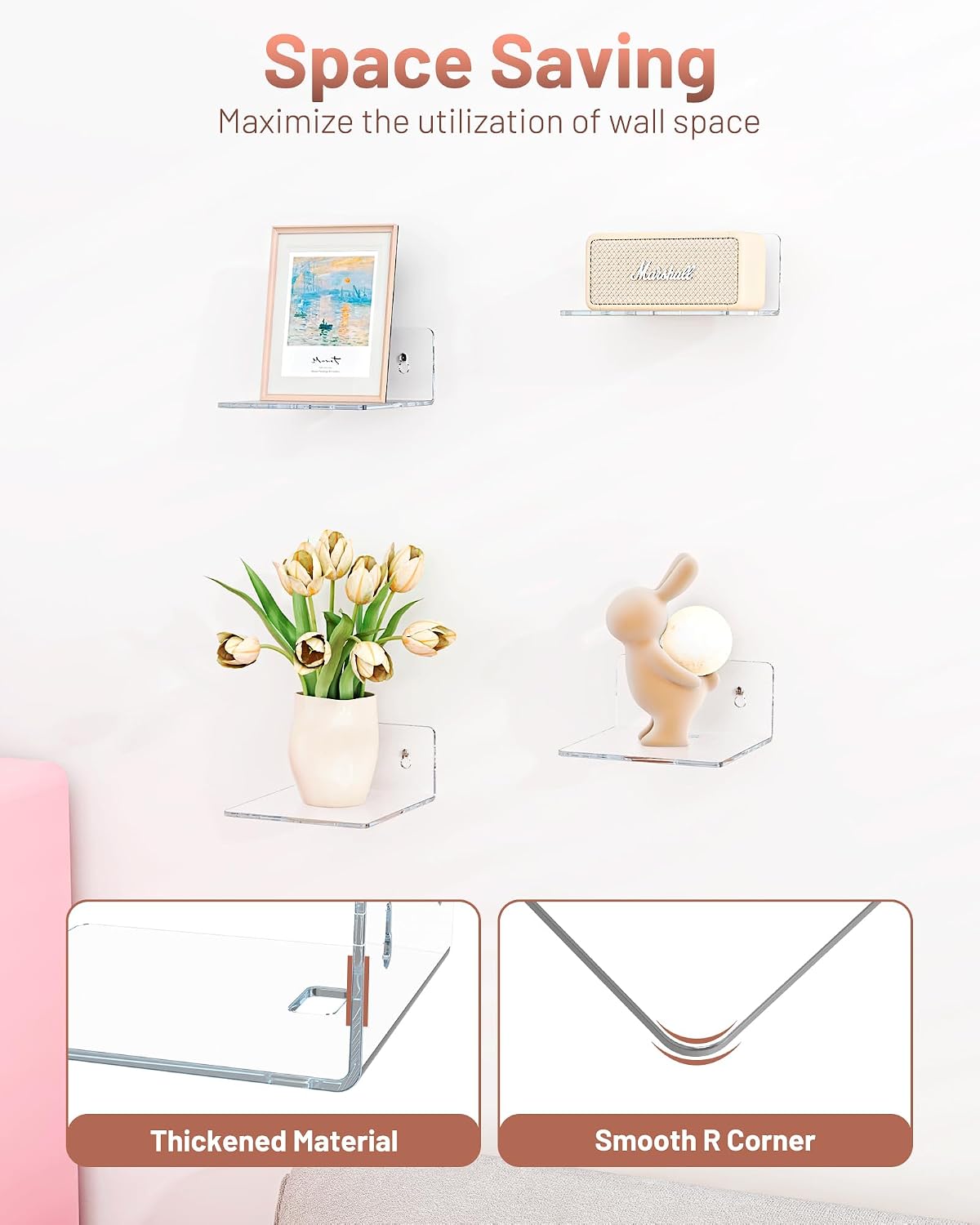 4 Pack Small Wall Shelf - 4" Floating Shelves for Wall Display Ledges for Funko Pop Figures, Plants, Speakers, Durable Plastic Adhesive or Screw Shelves in Bedroom Kitchen Living Room, Clear
