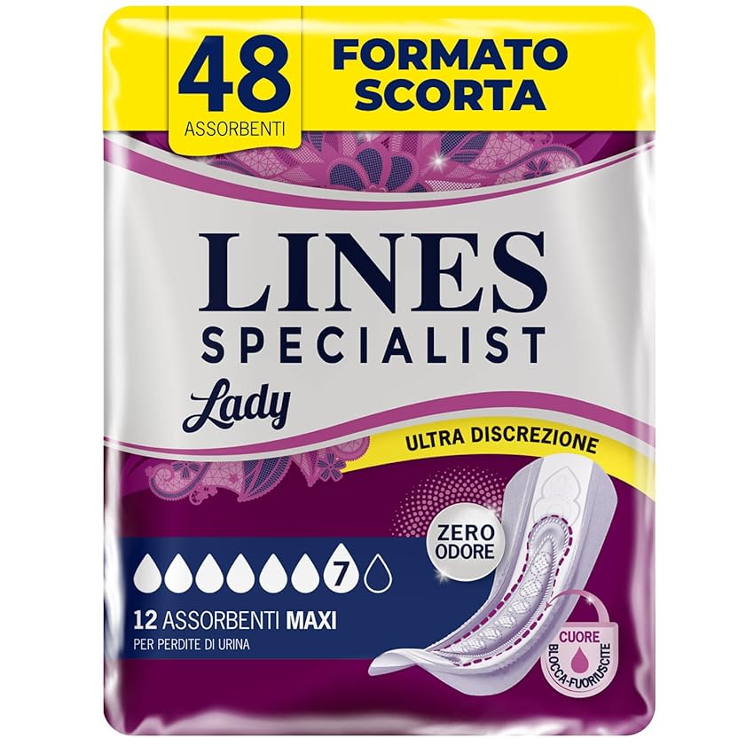 Lines Specialist Lady Maxi, Assorbenti per Incontinenza Donna, con Tecnologia Zero Odore e Barriere Laterali Protettive, Scorta Mensile, 4 Confezioni da 12 Unità