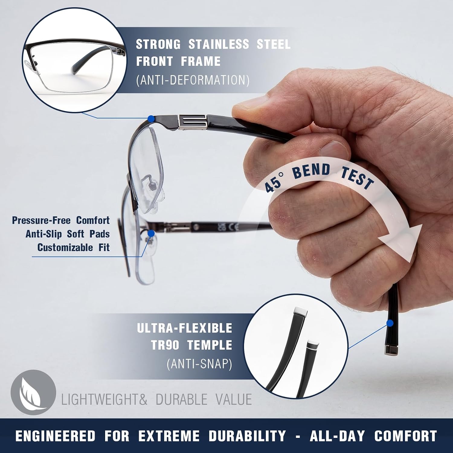 JO Progressive Reading Glasses for Men 2-Pack No Line Multifocal Stainless Steel Front with TR90 Temples Anti-Scratch Lens (Black & Blue, 1.5, x)