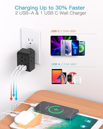 Miniatura 3 de Extensor de toma de corriente múltiple, regleta de alimentación sin sobretensiones, divisor de salida eléctrica con 3 cargadores de pared USB (1 USB