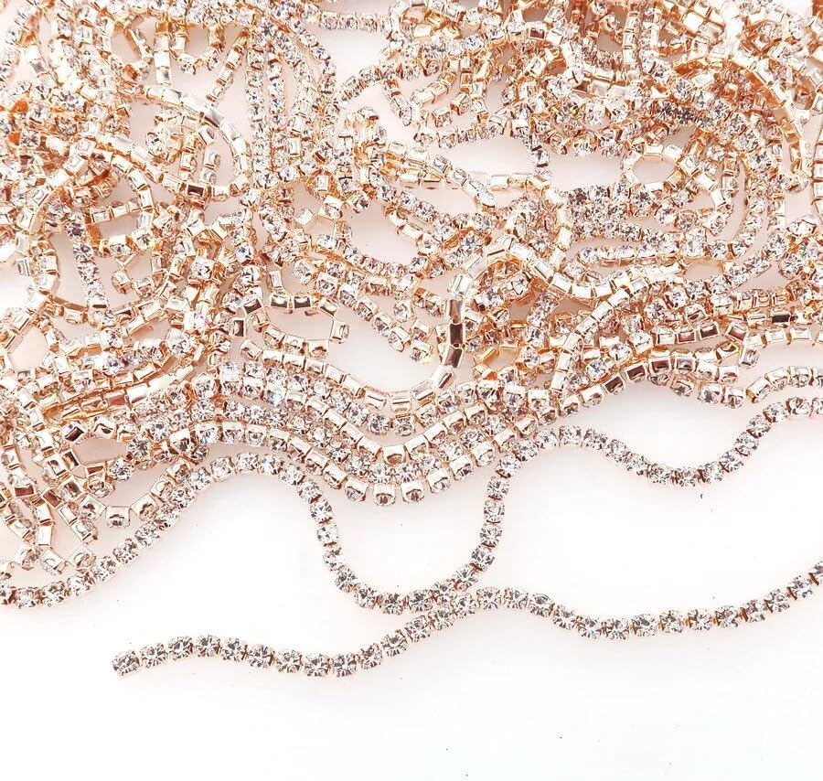 Champagne Gold Base Claw Glass Crystal Rhinestone Chain 5 Sizes 2Mm 2.5Mm 2.8Mm 3Mm 4Mm High Density Sew On Glue On DIY Trimming - (Color: Lt Topaz/Size: Ss6 2Mm 10 Yards)