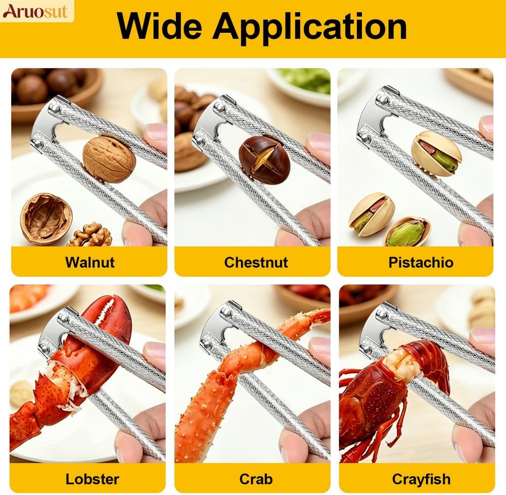 Nut Cracker 2Pcs and 4 Picks Set, Stainless Steel Nutcracker Tool for Walnut and Seafood Crackers