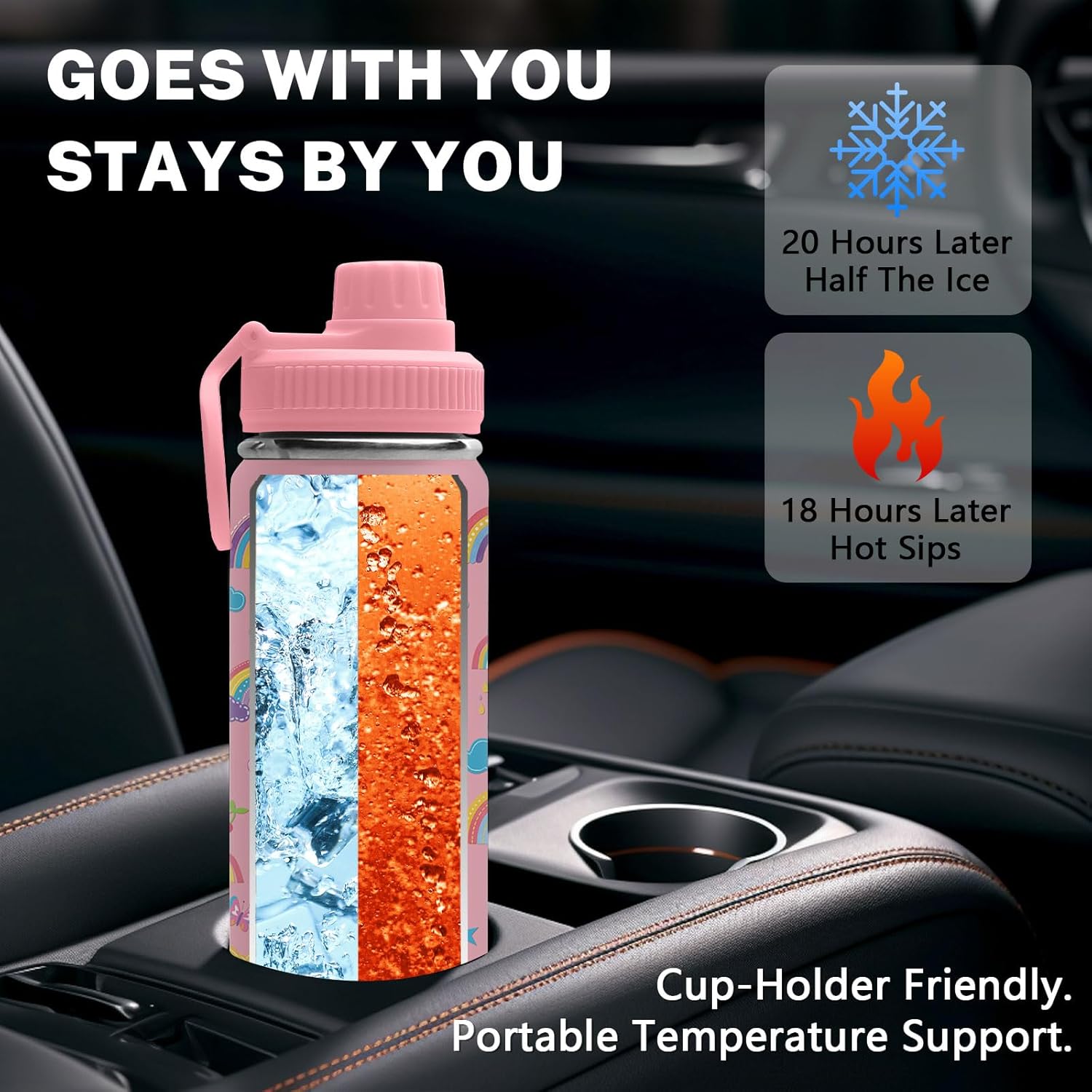 Rainbow Water Bottle for Son & Daughter, Stainless Steel Insulated Tumbler for Home with 2 Lids & Handle, Antislip Silicone Boot, 18oz Reusable Leak-proof Bottle for Sports