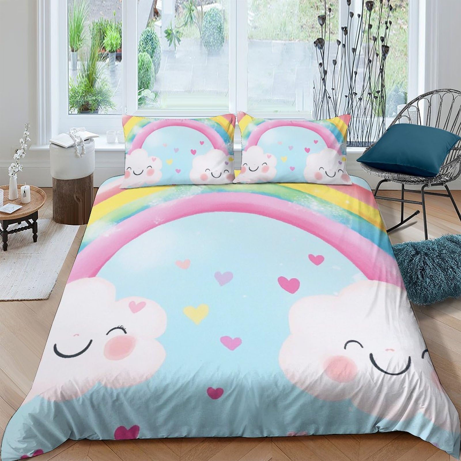Ctjqhvkz Style-9 3D Printed Rainbow Cloud Fitted Sheet Microfiber Soft Pastel Hearts Bed Cover For Bedroom Guest Room Decor Mattress Protection Single（135X200cm）