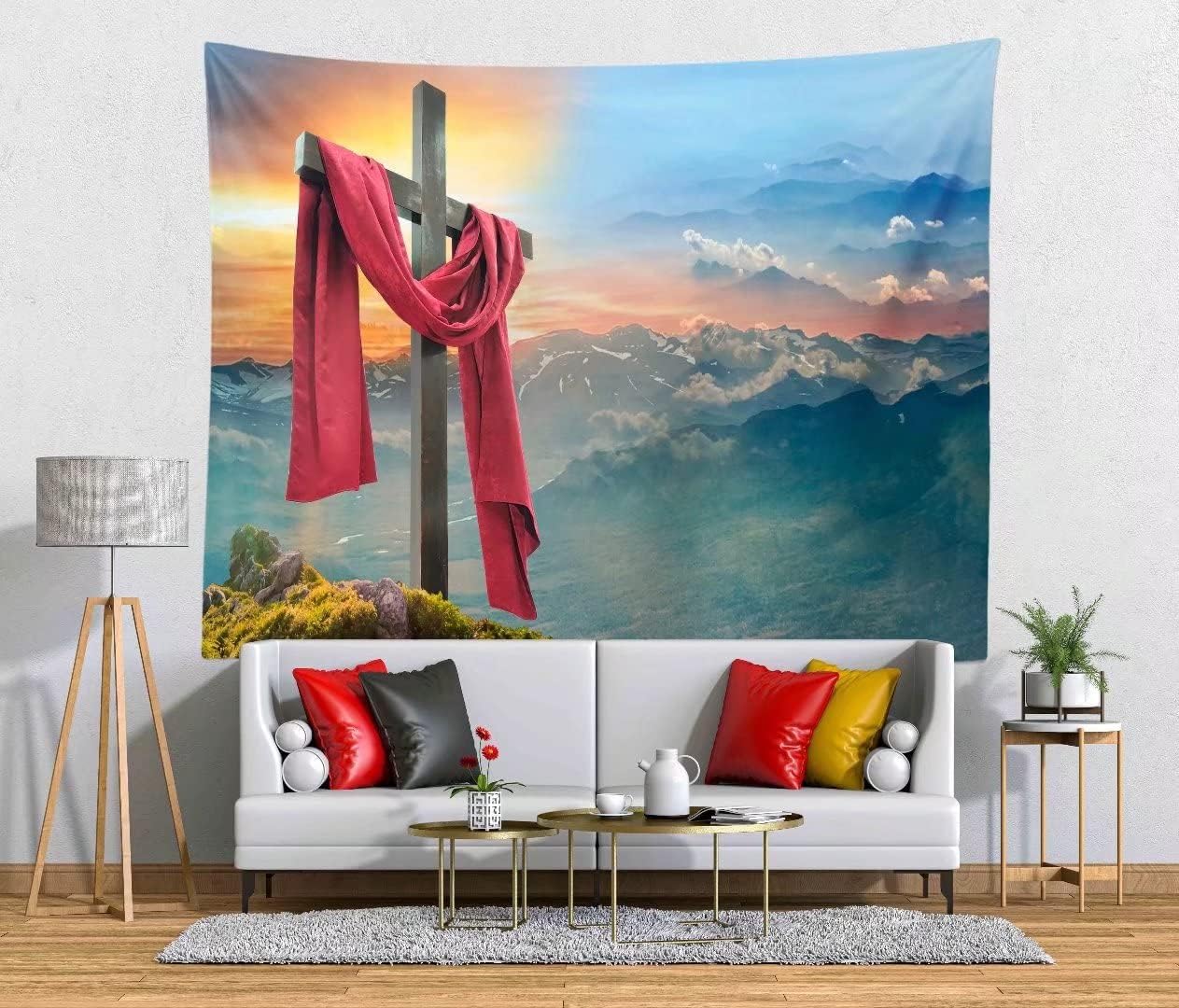 BELECO Jesus Christ Tapestry Backdrop with Cross Art Wall Decor Mountain Scenery Wallpaper Church Party Decorations Easter Christian Religious Tapestry Wall Hanging Home Decor for Bedroom Living Room