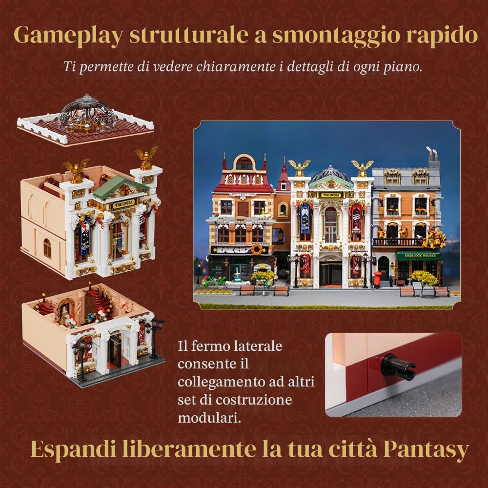 PANTASY Vintage European Grand Theater Building Set, Modello Modulare con Lampadario di Cristallo, Cupola Trasparente Scenari Urbani Espandibili Teatro Retrò da Collezione per Adulti