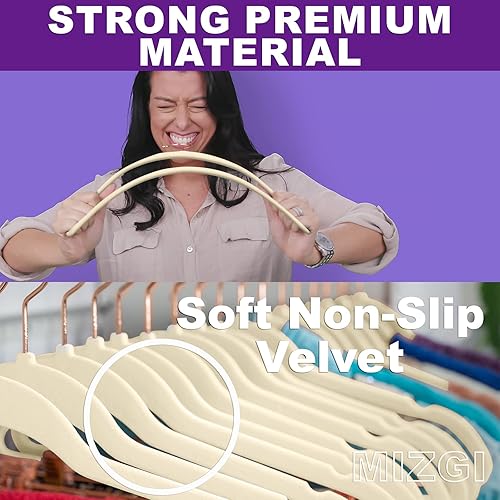 Miniatura 2 de MIZGI - Ganchos de terciopelo, paquete de 50 unidades, ganchos de fieltro antideslizantes de alta resistencia para trajes, color marfil, ganchos