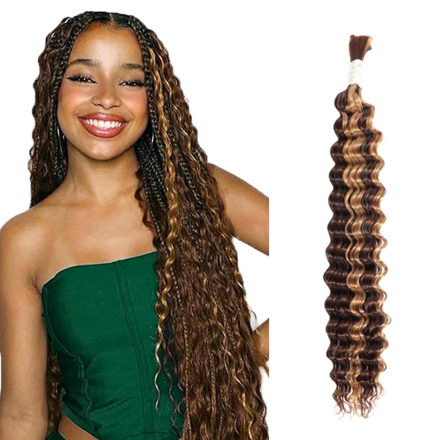 Ombre Human Braiding Hair 20in Deep Wave Bulk Human Hair For Braiding 50g, 12A Brazilian Virgin Honey Blonde Highlight Water Curly No Weft Bundles P4/27 Human Braiding Hair For Boho Micro Braids