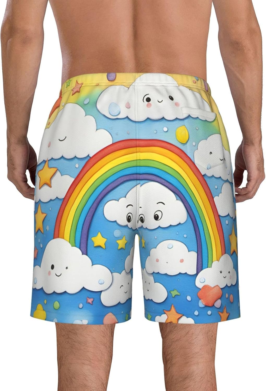 Rainbow Clouds Raindrop Print Men's Quick-Drying Shorts Casual Beach Pants Stretch Waist Shorts and Pockets