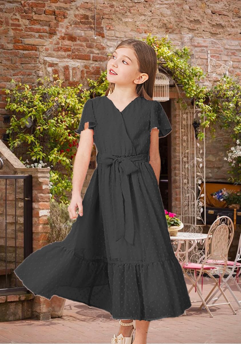 Girls Spring Dresses Bohemian Flying Cap Sleeve V Neck Belt Calf 2026 Long Maxi Pleated Flowy Dress for Girl - Image 4