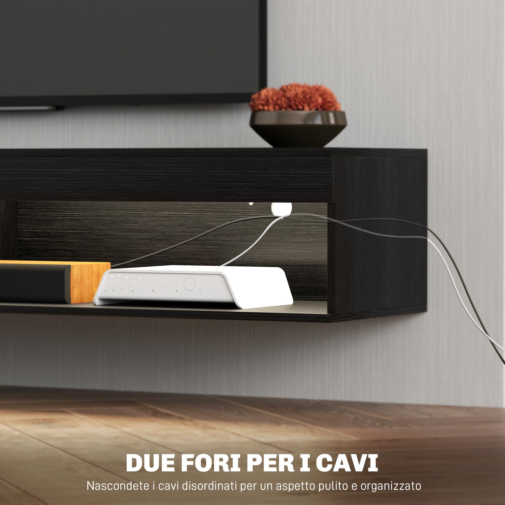 HOMCOM Mobile Porta TV fino 75" Sospeso con Luci LED 16 Colori e Modalità Regolabile con Telecomando, Mobile TV Sospeso in Legno, 180x40x30 cm, Nero