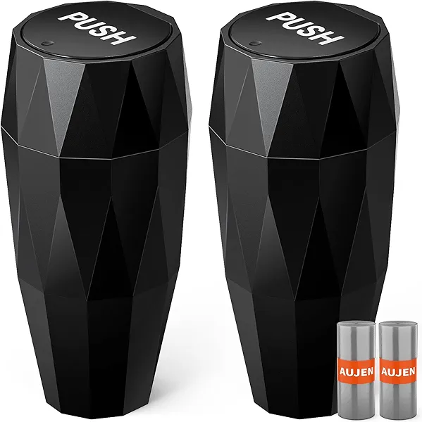 Aujen Car Trash Can - 2 Packs Car Accessories with Lockable Lid, Waterproof Garbage Can, Litter Organizers and Storage with 30 Plastic Bags, Trash Bin for Home & Office, Black, 3.2" × 7.2"