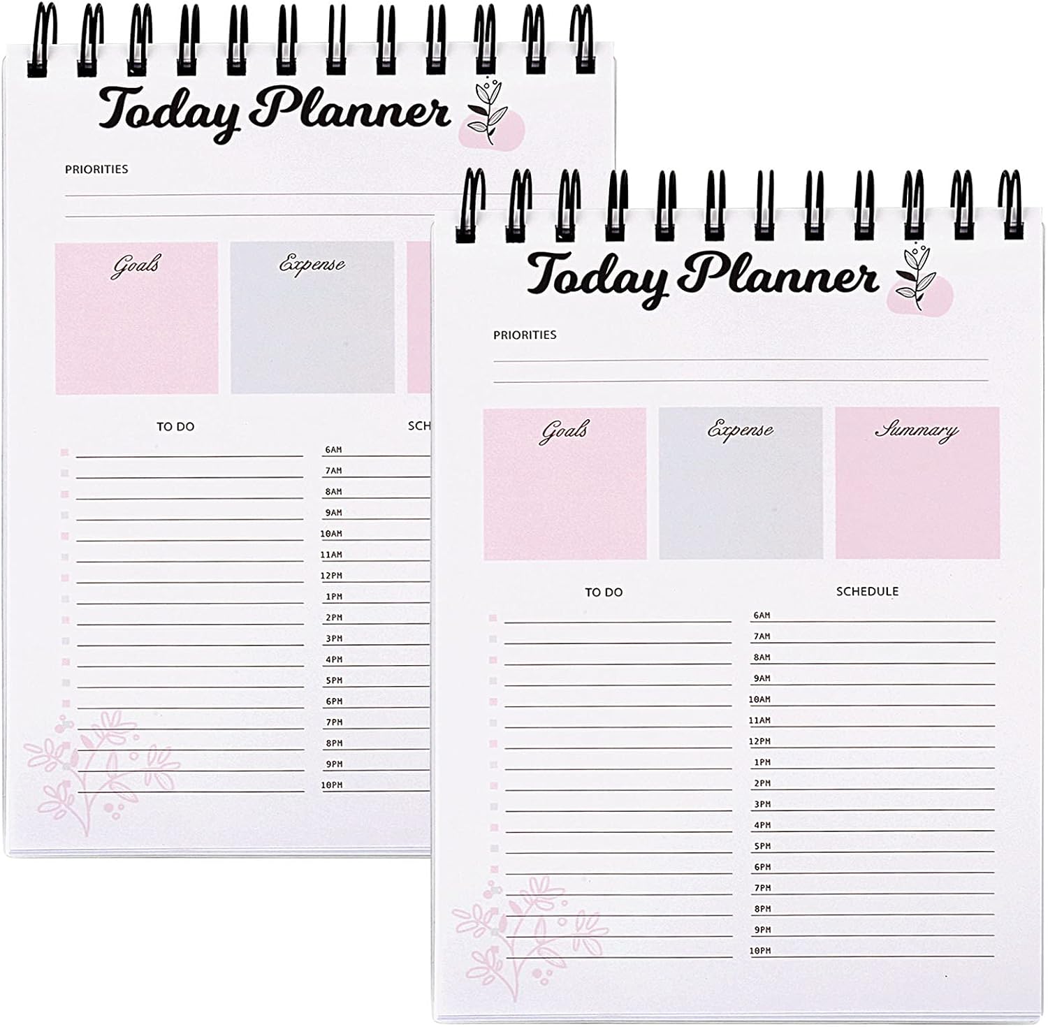 Spiral Binding A5 Undated Planner by 1 Sheet Yearly Goal Planner, 3 Sheets Monthly Planner, 15 Sheets Weekly Planner & 95 Sheets Daily Planner, 6.5"×8.7" To Do List Notepad with Durable Front and Rear Covers - 2 Pack (Flower)