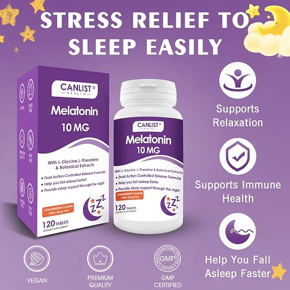 CANLIST Extra Strength Melatonin 10mg Tablets, Sleep Support, Fall Asleep Faster, Non-Habit Forming Sleep Aids for Adults, Sleep Cycle Regulation, Vegan, Non-GMO & Gluten-Free, 120 Tablets