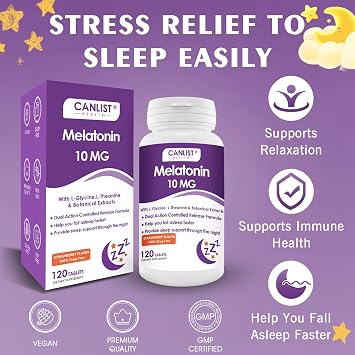CANLIST Extra Strength Melatonin 10mg Tablets, Sleep Support, Fall Asleep Faster, Non-Habit Forming Sleep Aids for Adults, Sleep Cycle Regulation, Vegan, Non-GMO & Gluten-Free, 120 Tablets