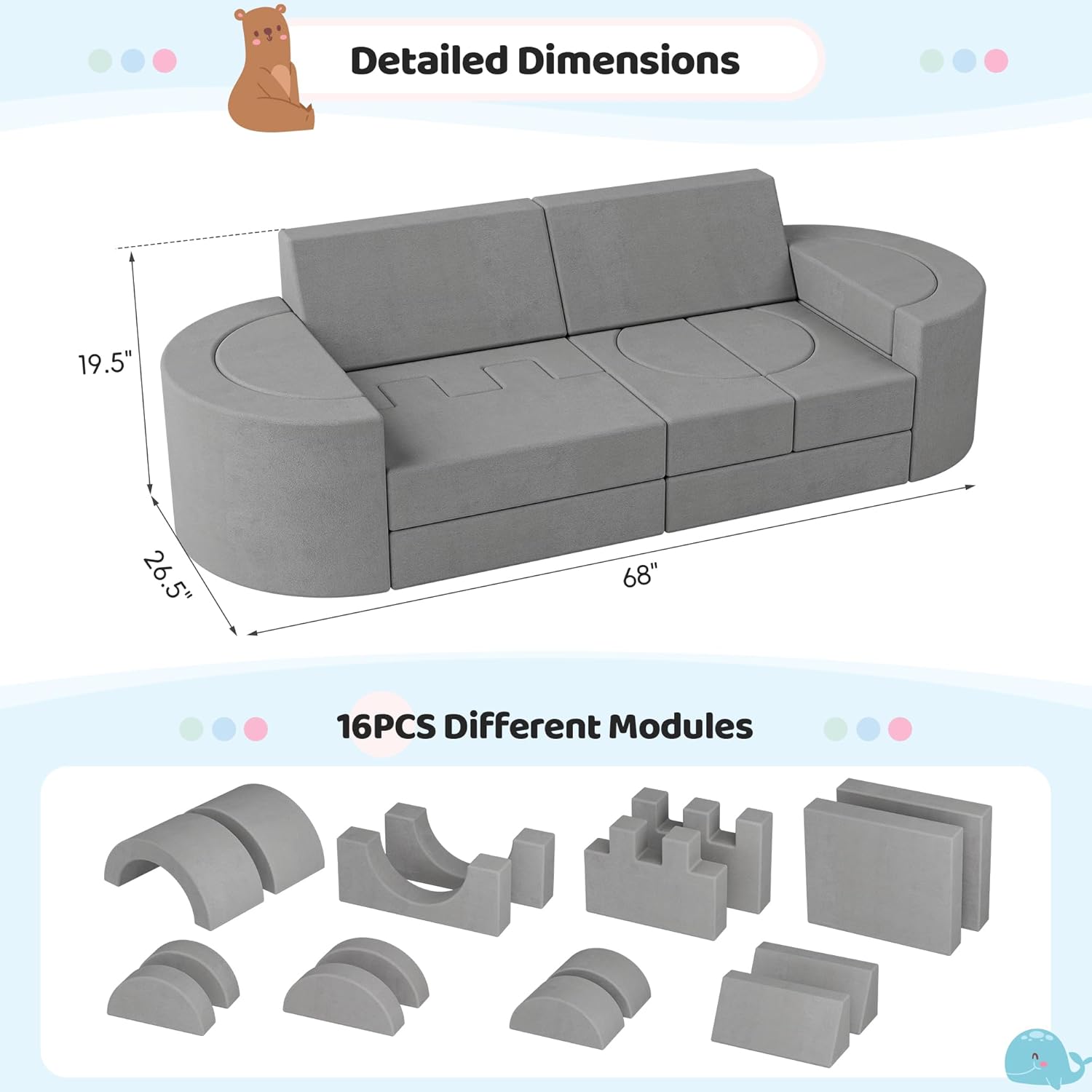 68 Inch Extra Large Modular Kids Play Couch, Toddler Foam Couch, 16Pcs Fort Pillows for Kids, Playroom Decor for Boys and Girls, Grey-Castle Wall