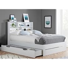 White Wood Shelf Shelves Drawer Storage Bed Frame Wooden Bedstead 4ft Small Double, Bed Frame + Pocket Sprung Mattress
