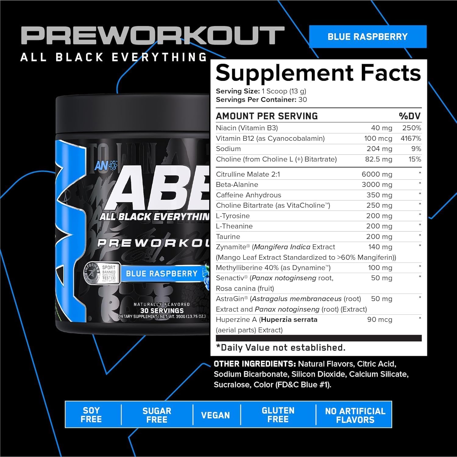 All Black Everything Pre-Workout Powder | Preworkout Energy Drink Mix | 350mg Caffeine | Beta Alanine & Citrulline | Energy Supplement for Men & Women | Blue Razz | 30 Servings