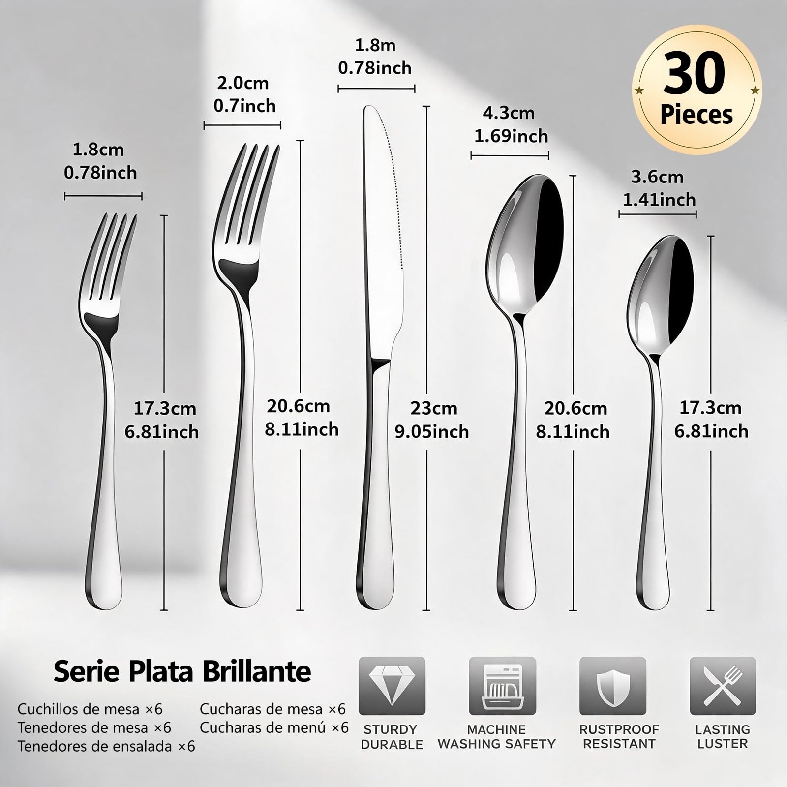 Cubiertos de Mesa 30 Piezas Acero Inoxidable, Set Completo para 6 Personas, Brillante, Resistente y Lavable en Lavavajillas para Cocina y Restaurante