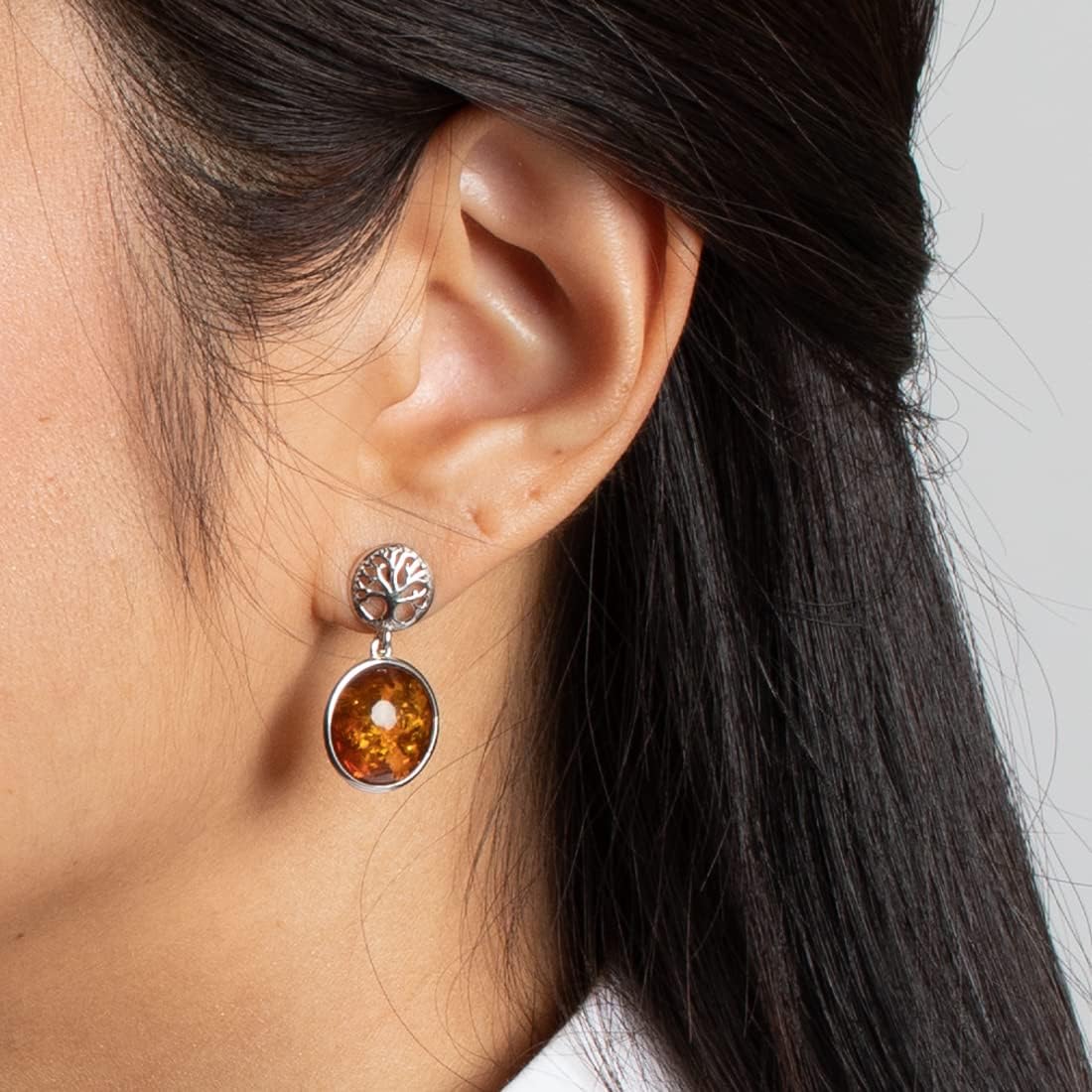 PEORA Genuine Baltic Amber Tree of Life Dangle Drop Earrings 925 Sterling Silver, Double Sided Design, Rich Cognac Color, Friction Backs, Real Baltic Amber Earrings for Adults, w/Jewelry Box