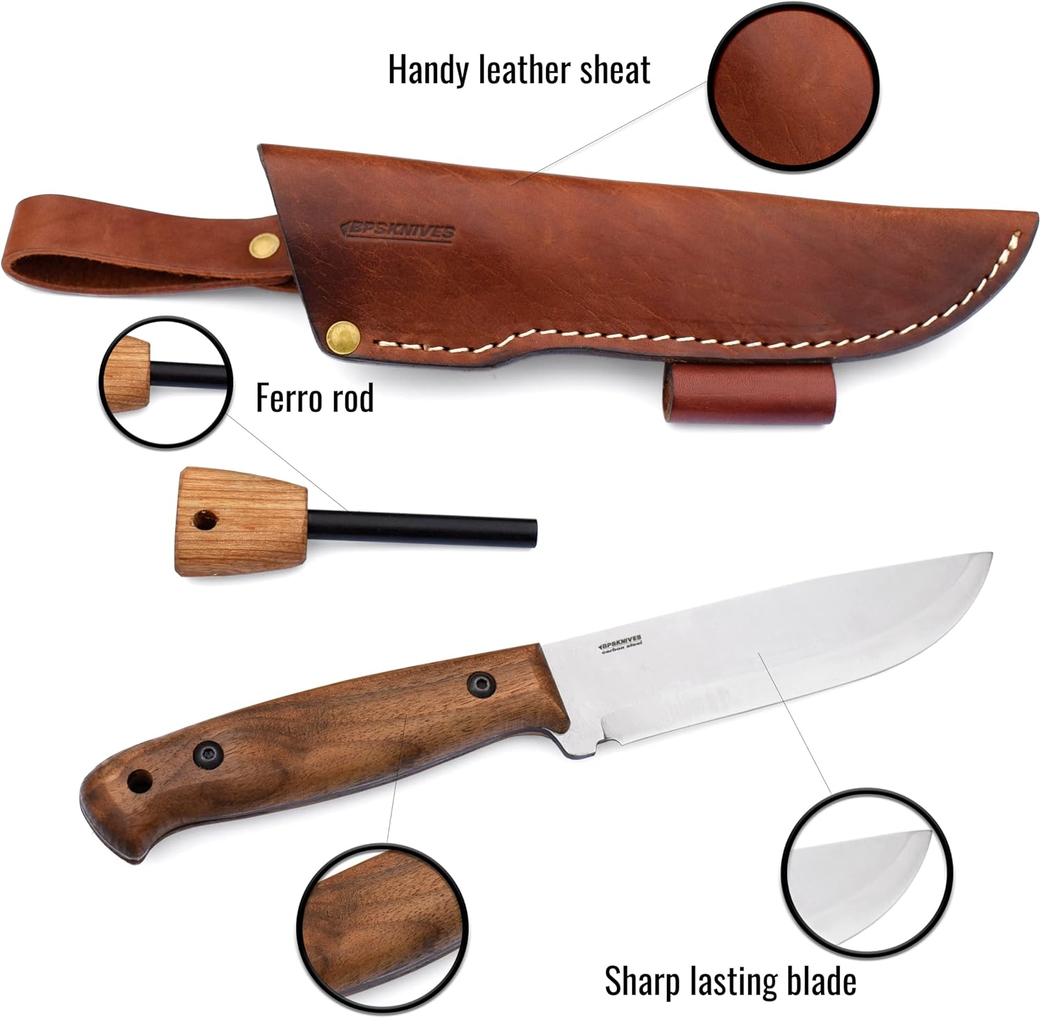BPS Knives Adventurer - Bushcraft Knife - Fixed-Blade Carbon Steel Knife with Leather Sheath and Firestarter - Outdoor Full Tang Knife - Camping Knives - Survival Tactical Camp Knife - Utility Knife