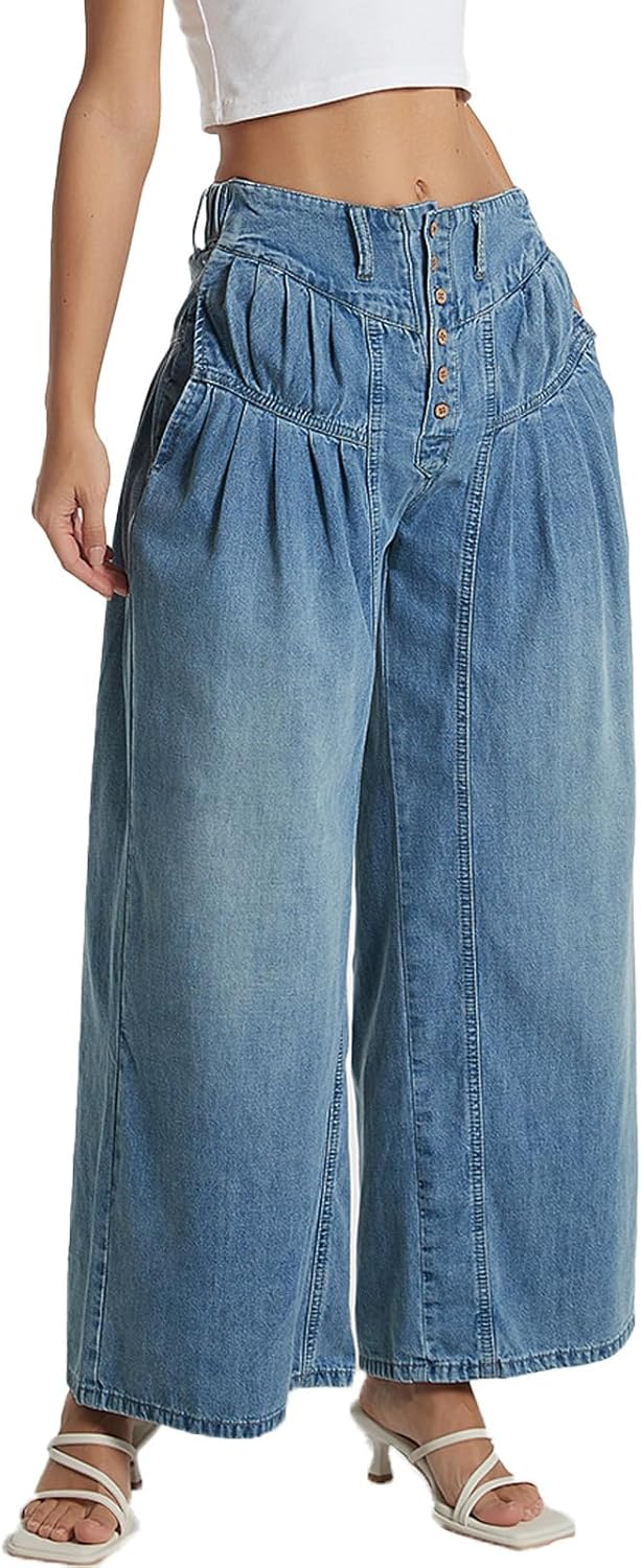 Women's Wide Leg Jeans Mid Rise Baggy Casual Boyfriend Denim Pants Vintage Y2K Trousers Jean