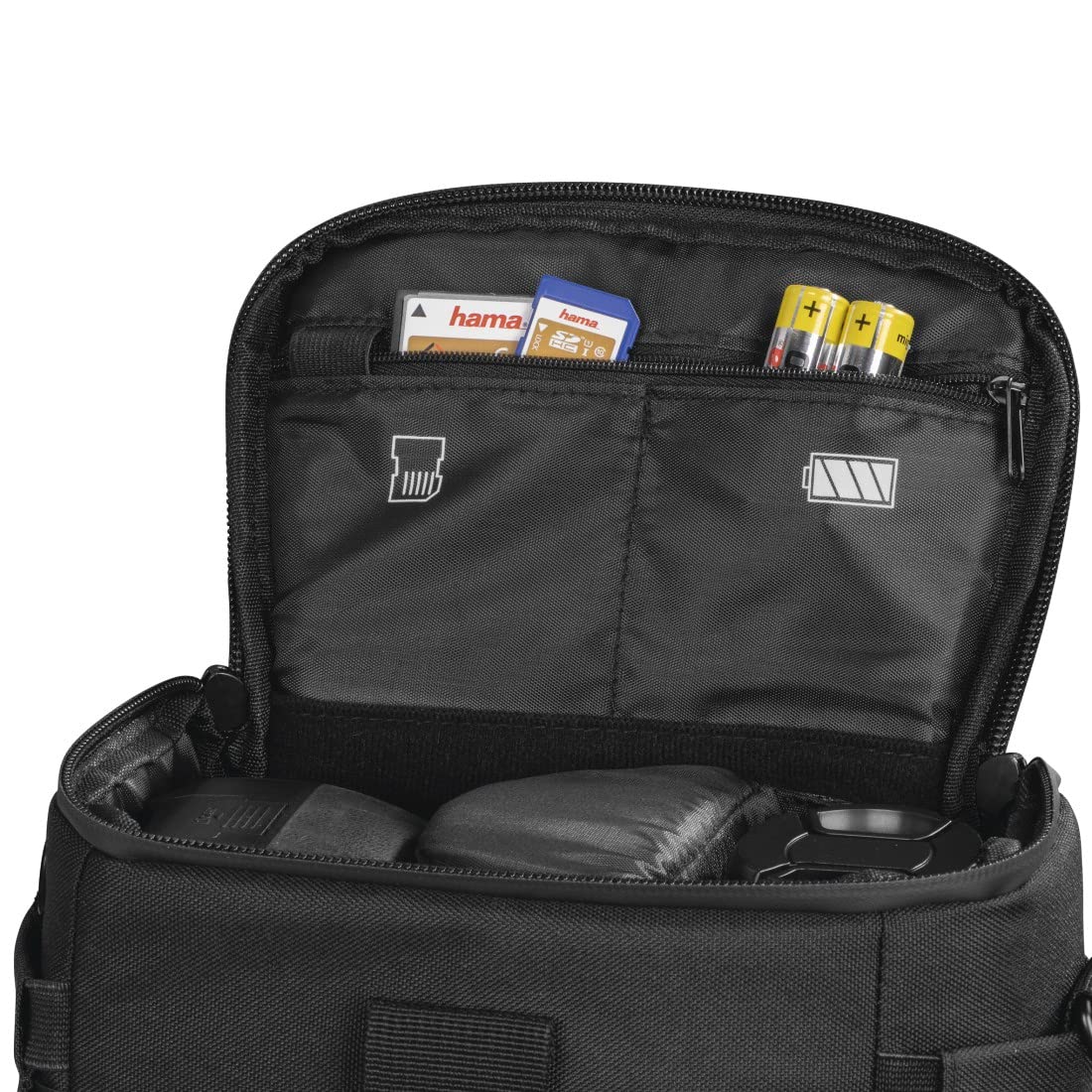 Hama Kameratasche Matera 110 Colt (kompakte Fototasche für Gürtelschlaufe, Colttasche für Digitalkamera und Zubehör, Umhängetasche mit Schultergurt und Zubehörfächern, recyceltes PET) schwarz