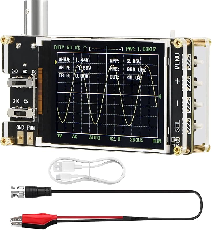 Handheld Digital Oscilloscope Kit, 2.4 LCD Screen 1MSa/s High Sampling Rate, 200KHz Bandwidth,Mini Portable Oscilloscope with Trigger Function Auto/Normal/Single，X10/X5/X1 Sensitivity