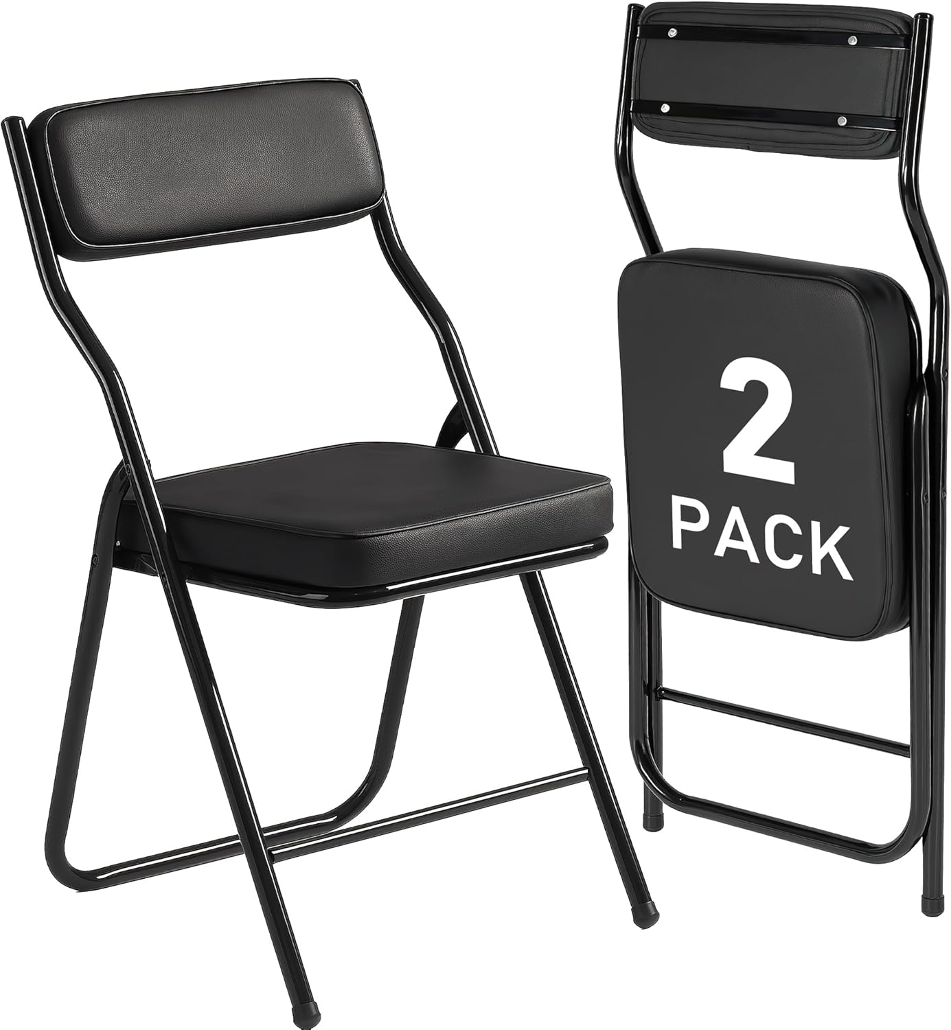 2 Pack Padded Folding Chairs with Cushion, Foldable Dining Chair Set Portable Indoor Outdoor Stackable Folding Chairs with Steel Frame for Home Office Events Wedding Party Black