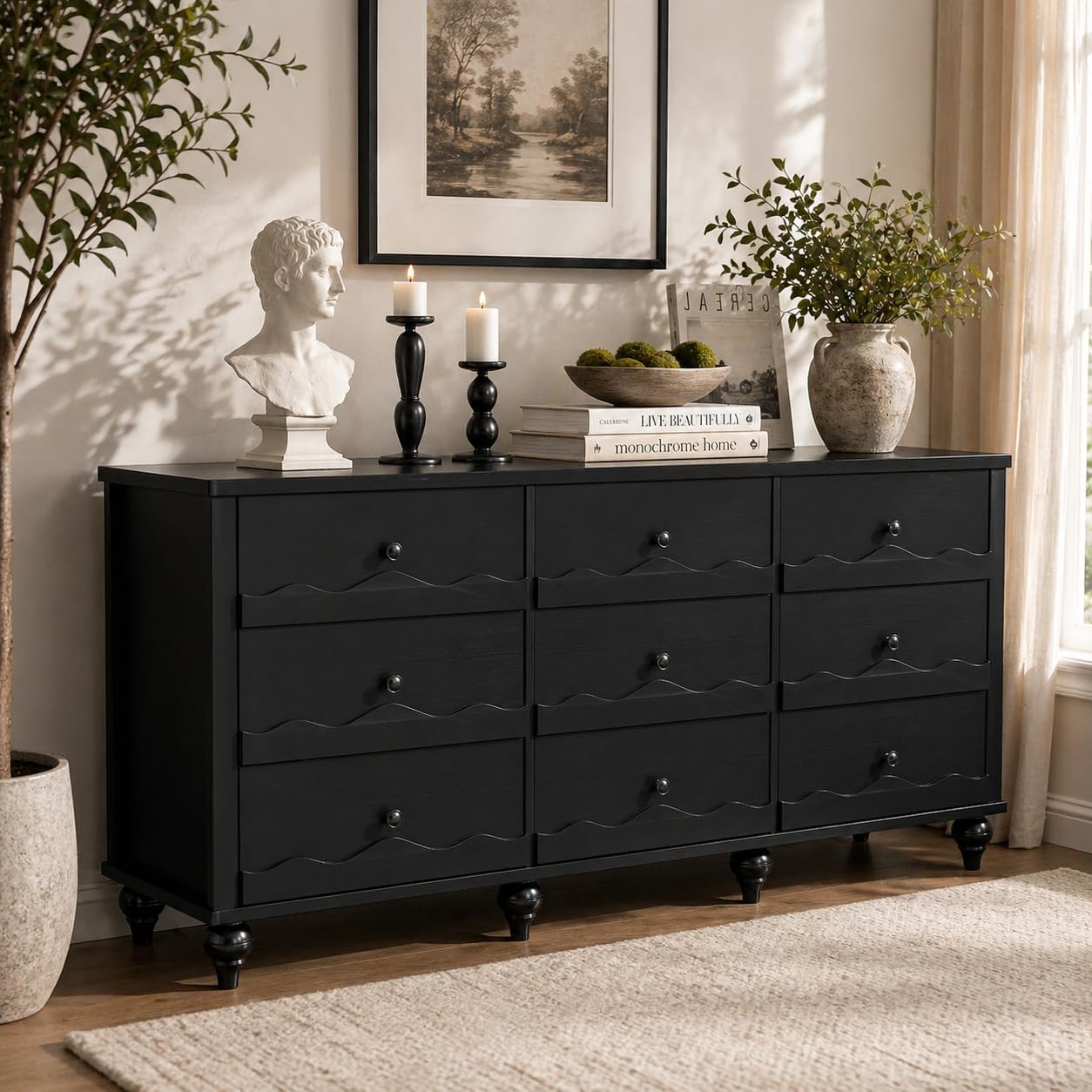 Cyclysio 9 Drawer Dresser for Bedroom, Modern Wood Chest of Drawers with Scalloped Design and Gourd Feet, 63" Wide Dresser TV Stand for Living Room, Hallway, Bedroom (Black)