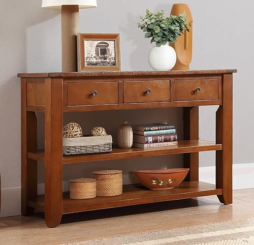Miniatura 17 de Mesa consola de madera maciza de 48 pulgadas, mesa de sofá de madera de pino con cajones de almacenamiento y estantes, mesa de entrada retro para