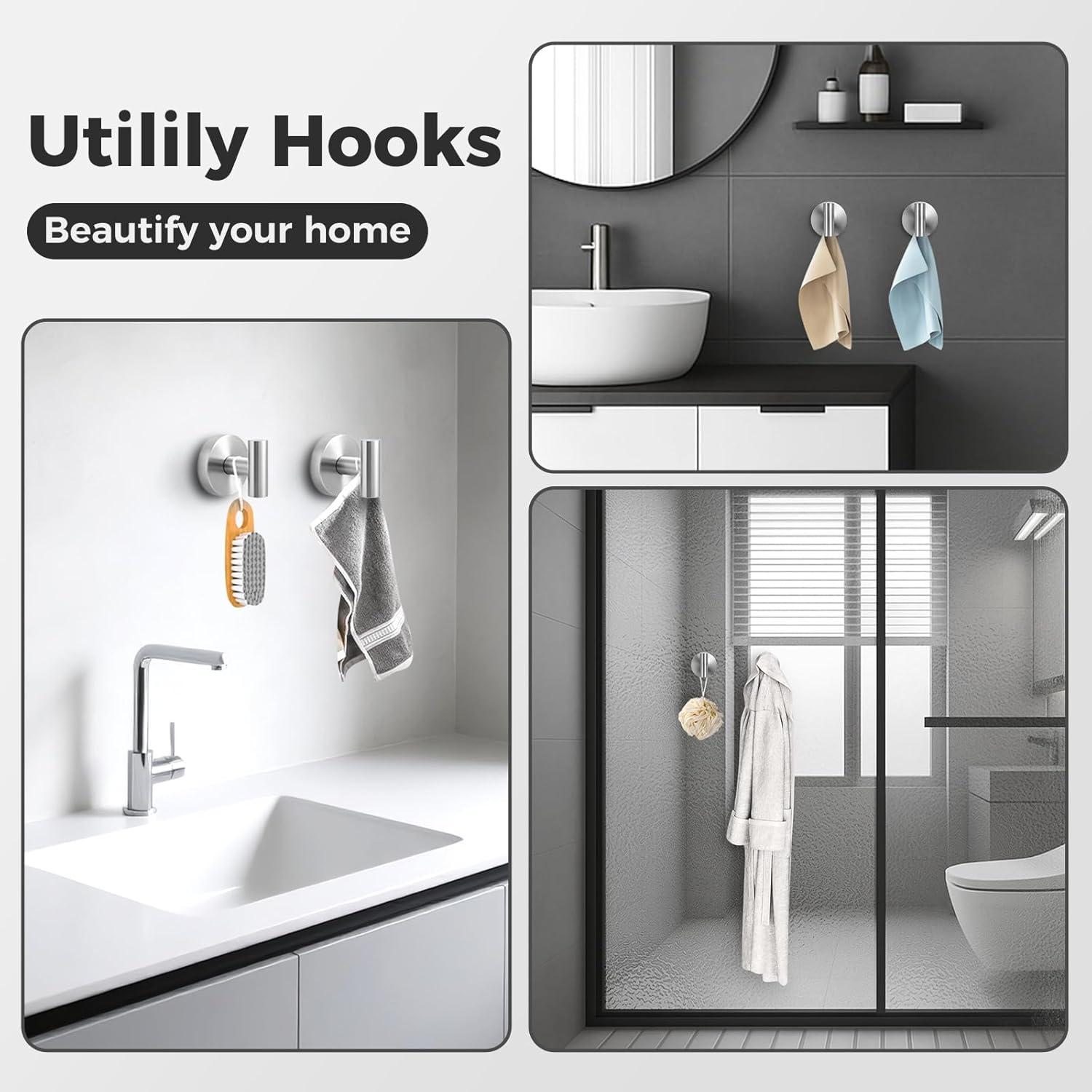 Shower Hooks for Inside Shower,No-Drill Removable&Reusable Towel Hooks for Bathroom,Heavy Duty Suction Cup Hooks for Glass Window,4 Packs(Silver)