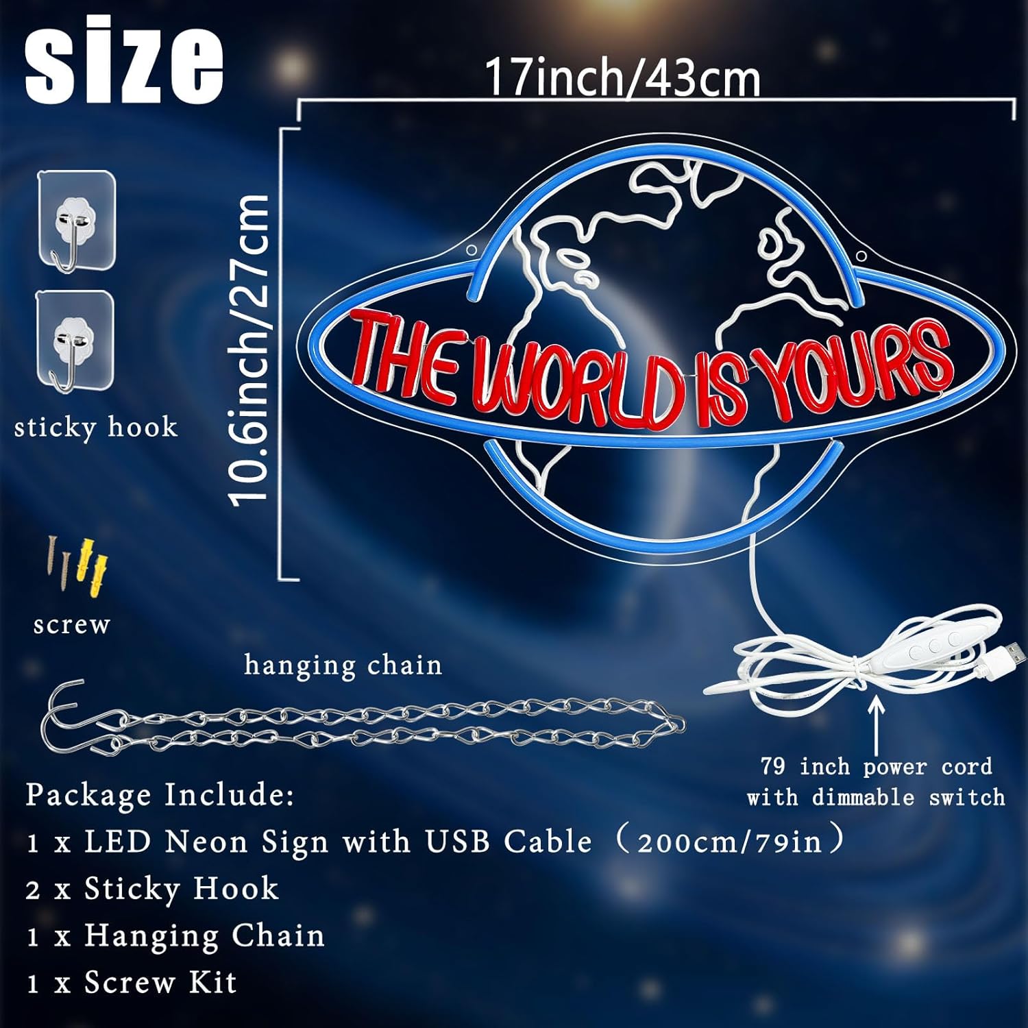 The World Is Yours Neon Sign 17"x10.6"LED Planet Neon Light for Wall Decor,Dimmable USB Power Blue Earth Light Up Sign for Man Boy Bedroom Game Room Man Cave Home Bar Birthday Graduation Wedding Party Presents