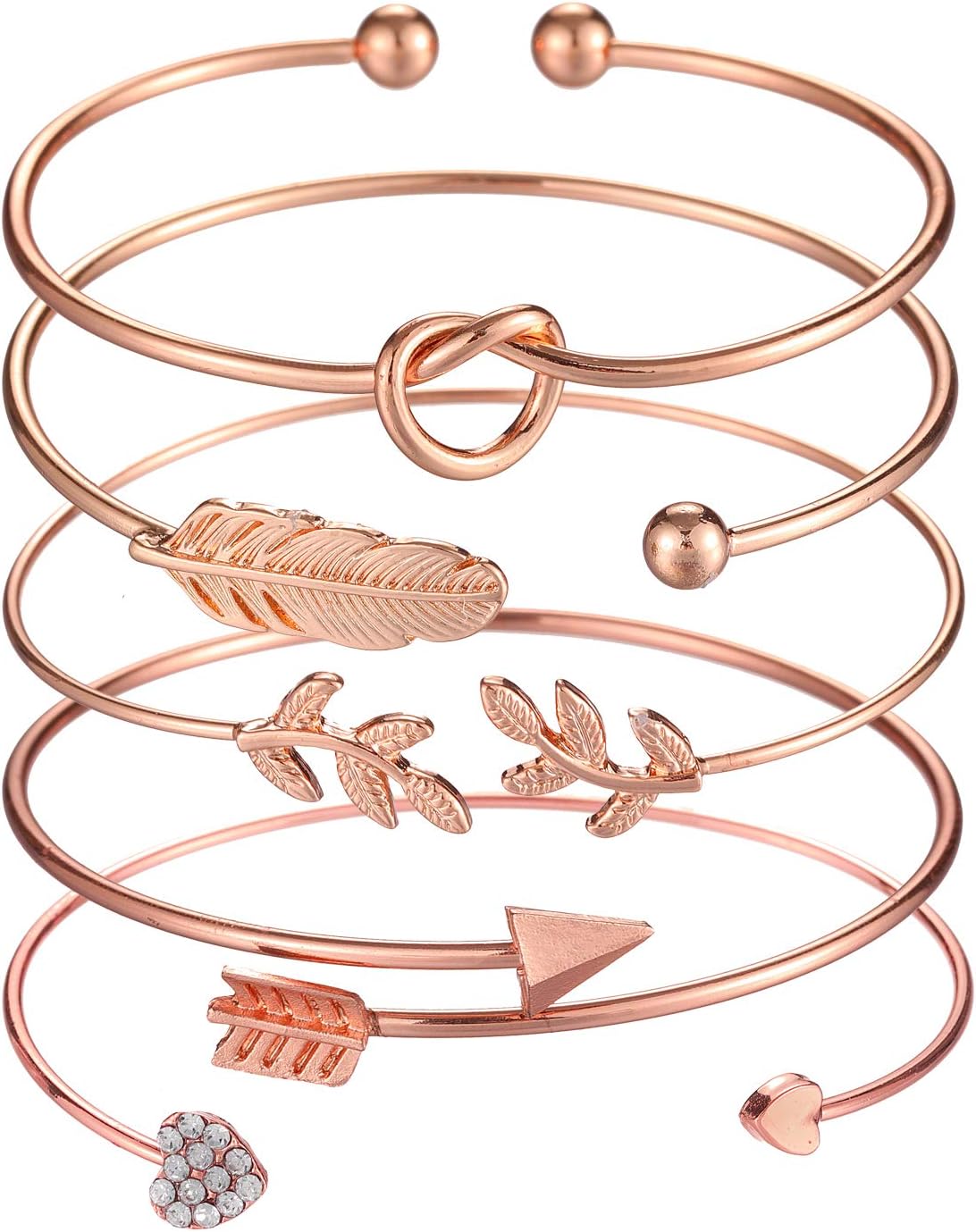 5pcs Bangle Rose Gold Bracelets for Women Heart|Olive Leaf|Arrow|Feather|Knot Heart Open Cuff Bracelet Set Adjustable