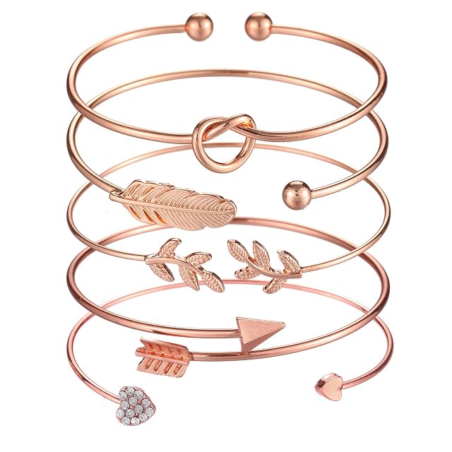 Softones 5pcs Bangle Rose Gold Bracelets for Women Heart Olive Leaf Arrow Feather Knot Heart Open Cuff Bracelet