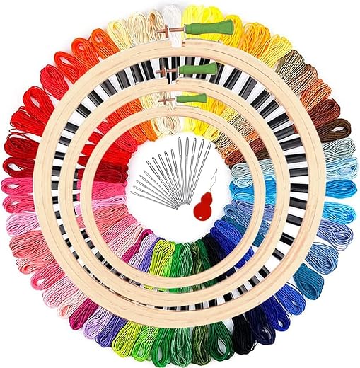 Desiderio Embroidery Material Kit for Beginners with 3pcs Wooden Embroidery Hoop (Size: 5”,6” and 8” Inches) 25pcs Multicolor Threads and 15pcs…