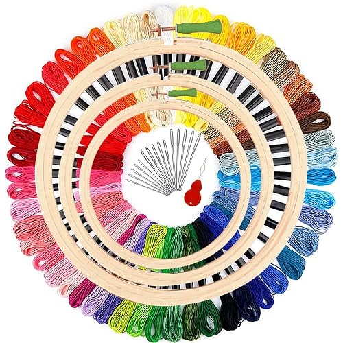 Desiderio Embroidery Material Kit for Beginners with 3pcs Wooden Embroidery Hoop (Size: 5β,6β and 8β Inches) 25pcs Multicolor Threads and 15pcs Needles, 1 Threaders Set 1 (Embroidery Kit)