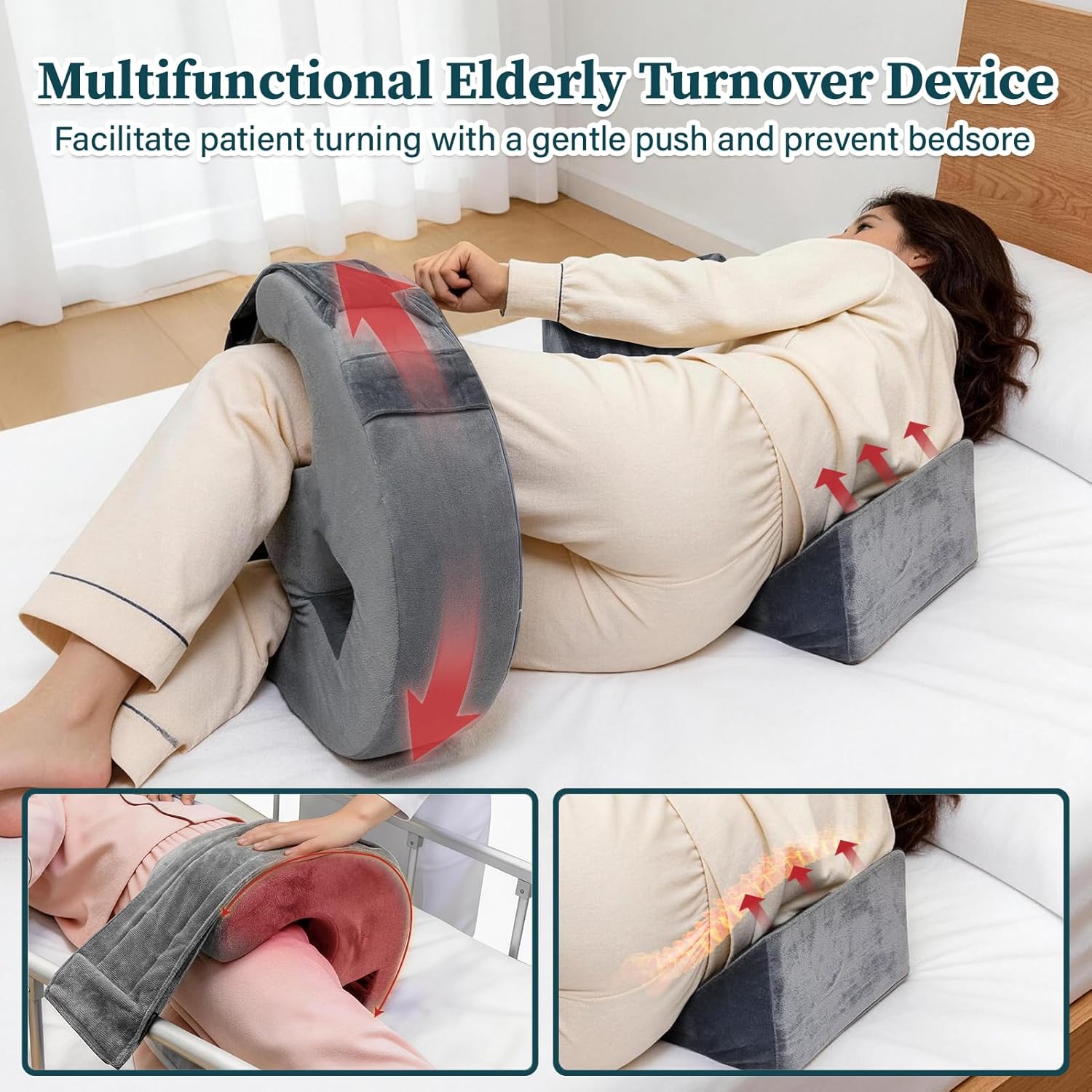 Patient Turning Device, U-Shaped Bedridden Turnover Pillow with Fixing Strap & Back Support Cushions for Bedsore Pressure Relief, Bed Ridden Patient Supplies for Elderly Nursing, Gray