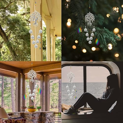 Miniatura 10 de Atrapasoles árbol de la vida, prismas de bola de cristales grandes, adorno colgante para ventana de automóvil, fabricante de arco iris, decoración