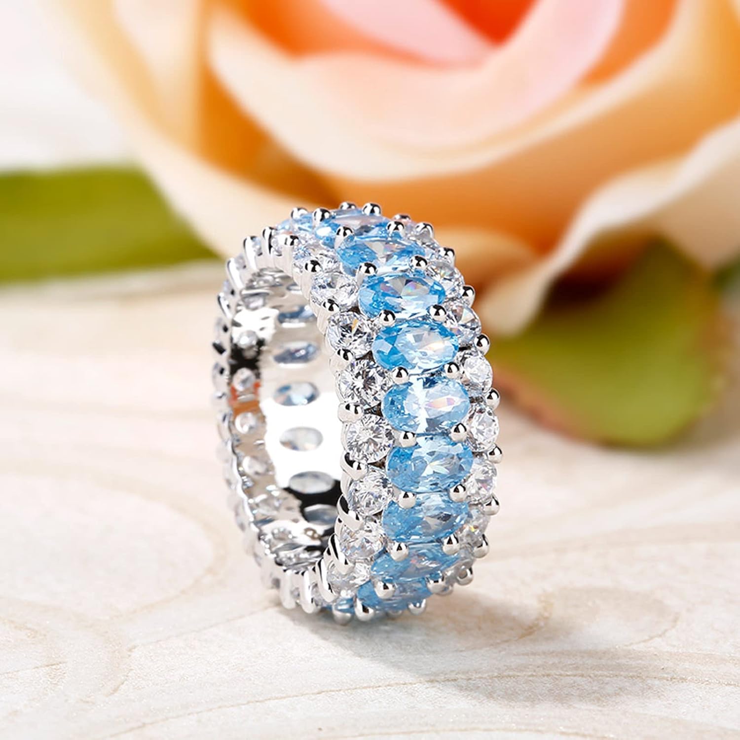 Jeulia Diamond Wide Eternity Ring Band: Sterling Silver Classic Oval Round Cut Ruby Wedding Women's Band CZ Engagement Anniversary Christmas Promise Romantic Jewelry with Gift Box