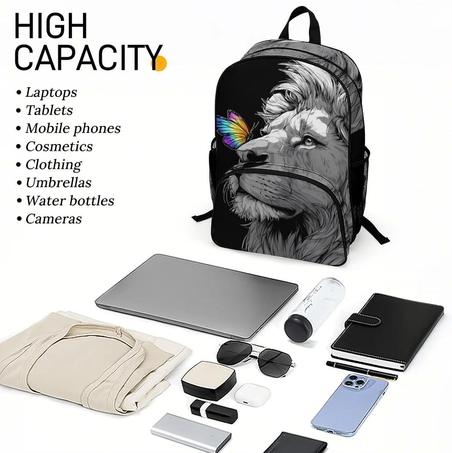Lion And Colorful Butterfly Travel Backpack Large Laptop Backpacks Heavy Duty Shoulder Bag Casual Daypack image 5