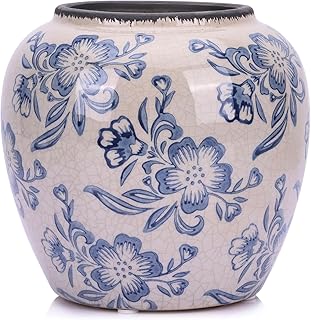 QIANLING Blue and White Floral Vase - 6.7"" Vintage Ceramic Pottery Vase for Centerpieces, Rustic Farmhouse Vase for Home Decor, Blue Decorative Flower Vase, Chinoiserie Vase, Modern Farmhouse Vase