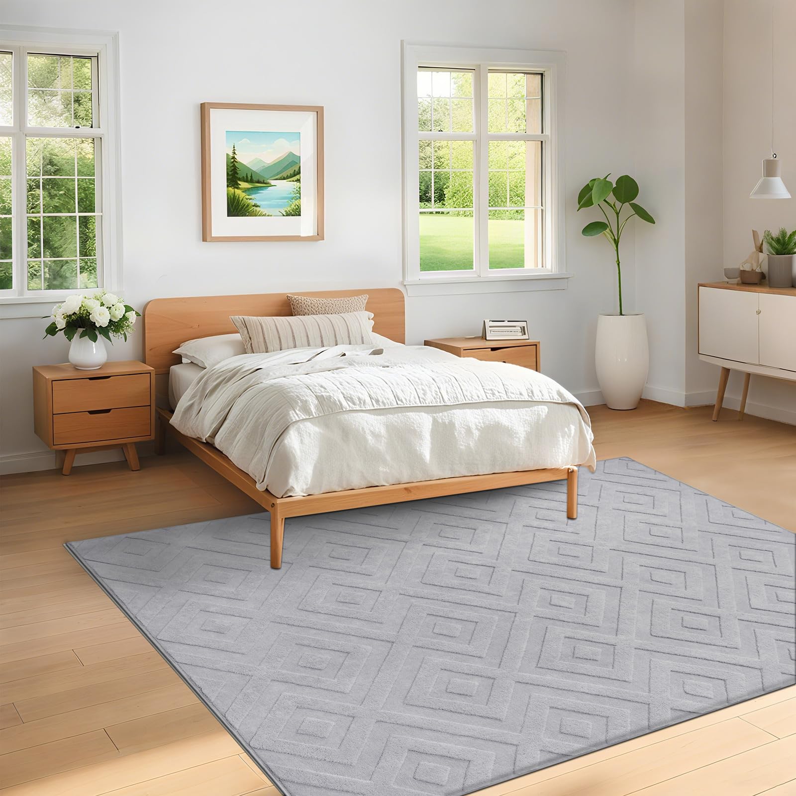 SHACOS Tappeto Camera da Letto Grigio Chiaro, Morbido Tappeti Salotto Moderni Grande 160 x 230 cm, Antiscivolo Tappeto Lavabile in Lavatrice per Cameretta, Cucina, Geometrico Minimalista Rombo 3D