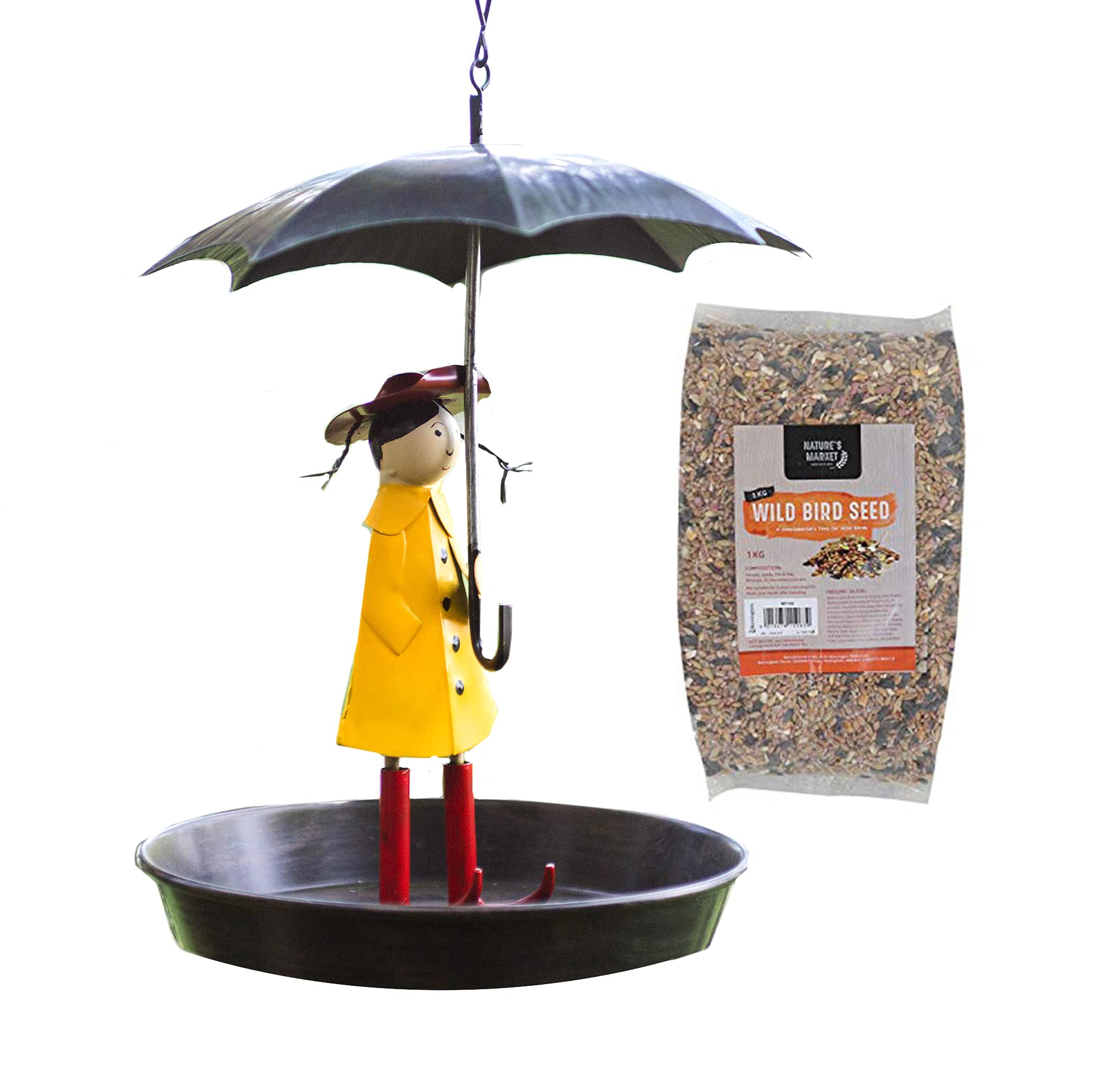 Bird Feeder Girl with Umbrella Bird Feeder with 1kg Bag of Bird Feed Seed Hanging Nut Seeds Bird Feeding Station Outdoor Garden Patio Wild Birds Wildlife Food