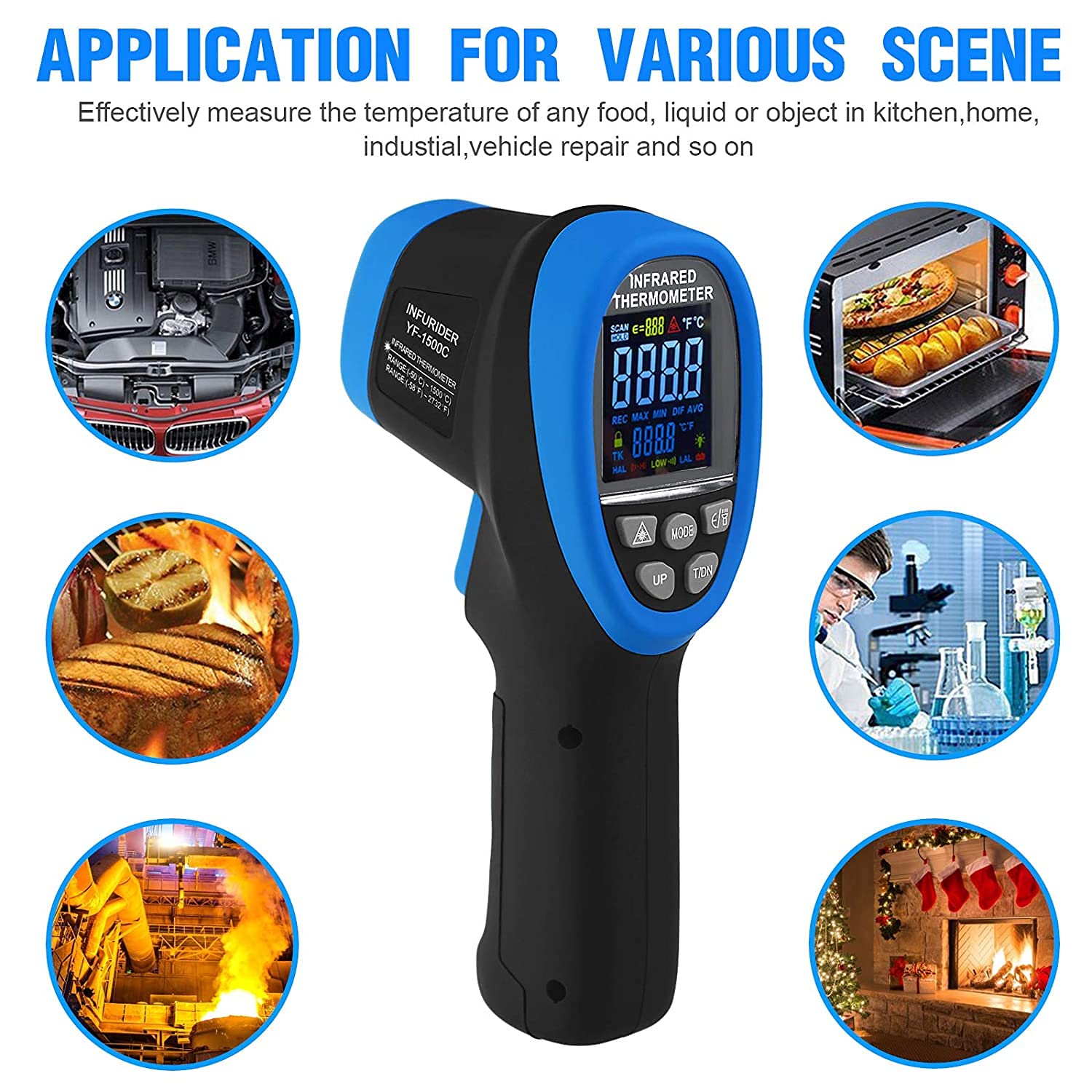 Image showing the INFURIDER YF-1500C thermometer being used in various applications such as measuring engine temperature, oven temperature, industrial equipment, and food.