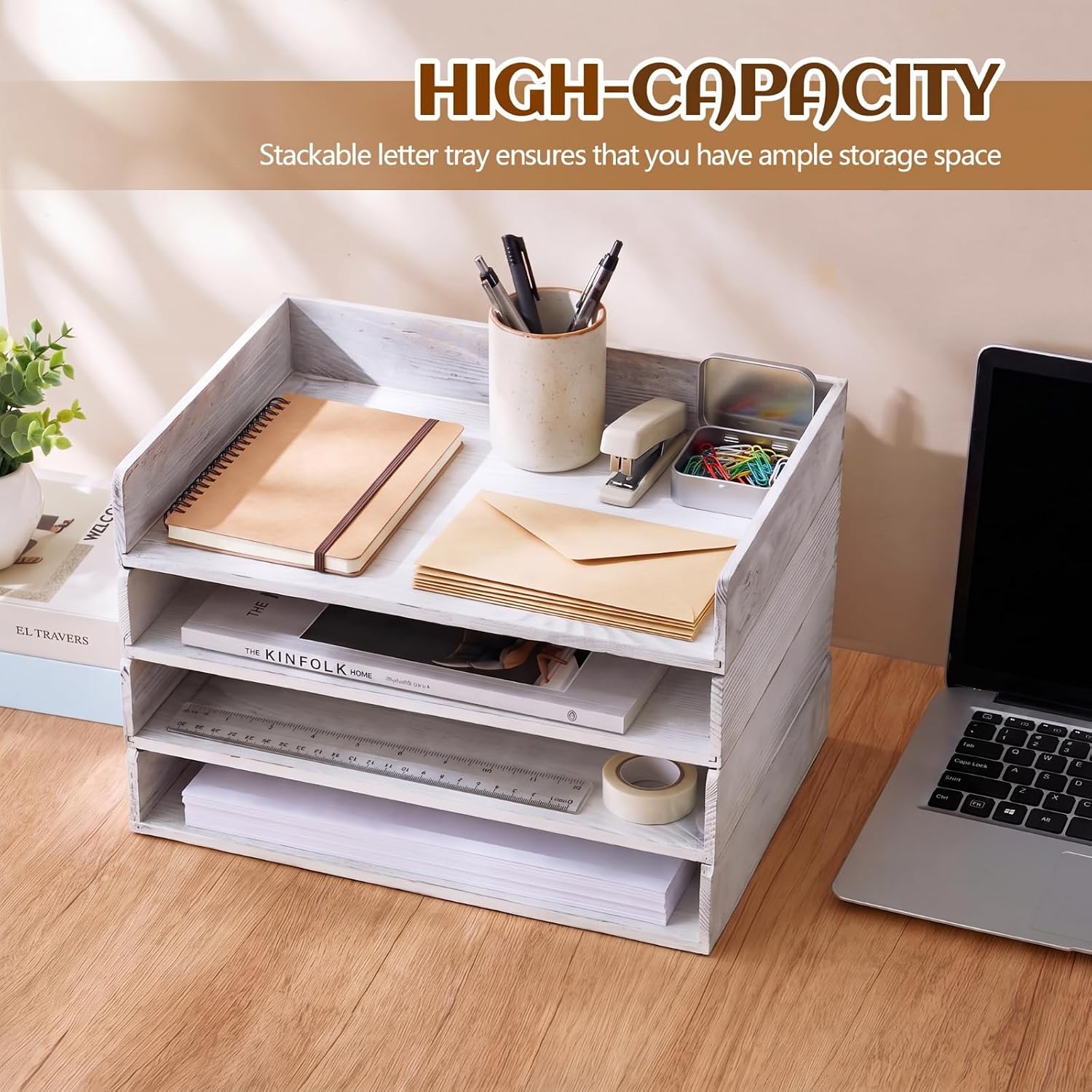 Yeaqee 4 Pcs Stackable Organizer Tray Wood Desk Organizer, Vintage White image 4