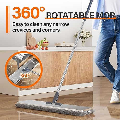 Miniatura 4 de SWIFTIRON Trapeador y cubo de acero inoxidable con escurridor para el hogar, trapeador plano manos libres con 4 cabezales de mopa de microfibra