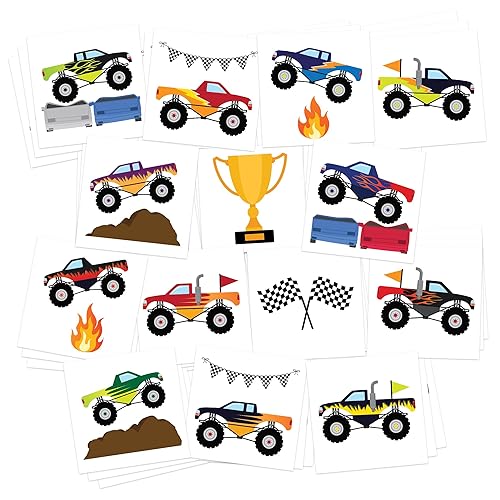 Miniatura 1 de Monster Truck Tatuajes temporales  Paquete de 28  Fabricado en los Estados Unidos  Seguro para la piel  Suministros y recuerdos de fiesta  Extraíble
