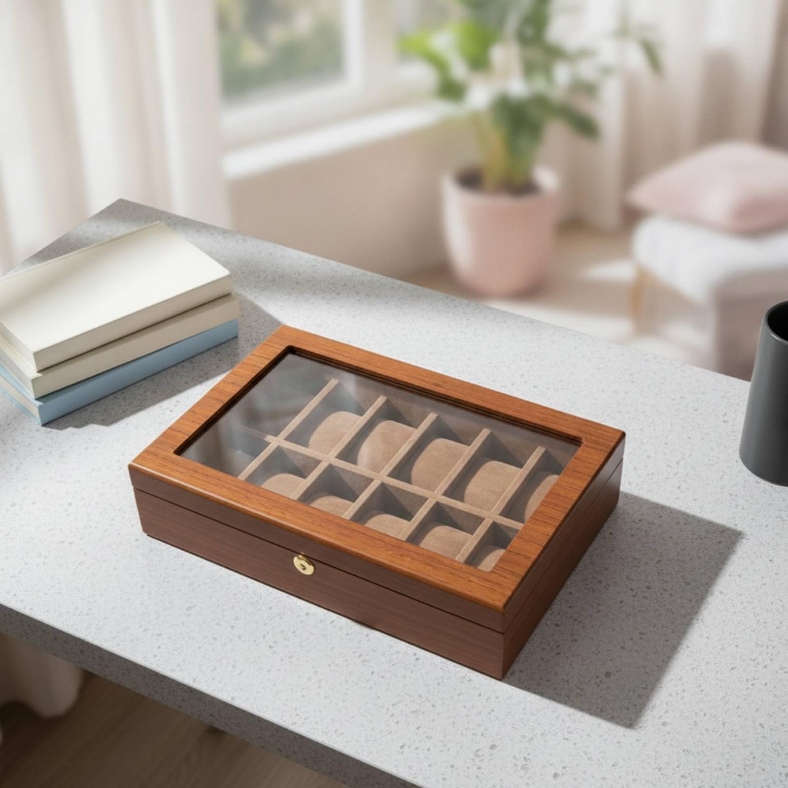 Caja Relojes Acolchado Estuche con Tapa Transparente Organizador para Coleccionistas, Caja De Madera De Nogal De 12 Ranuras